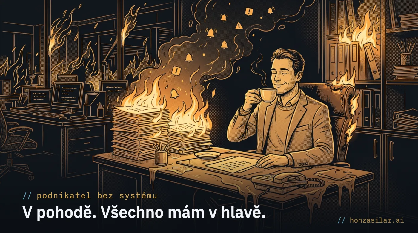 Meme: podnikatel u hořícího stolu s kávou v ruce říká „V pohodě. Všechno mám v hlavě.